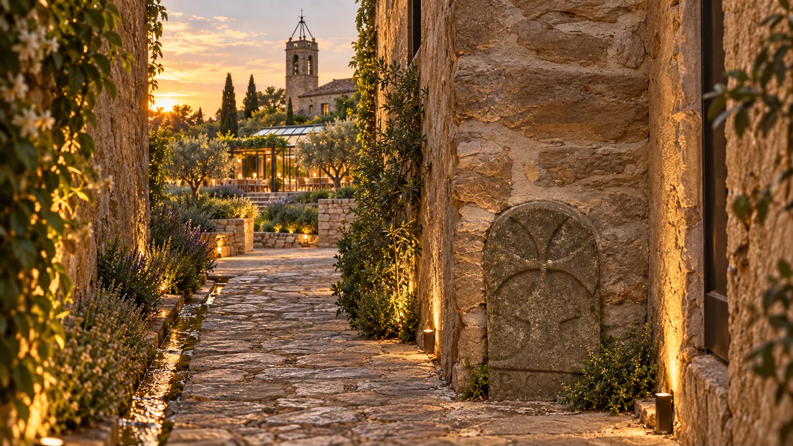 Stone pathway through the AXORO estate at sunset