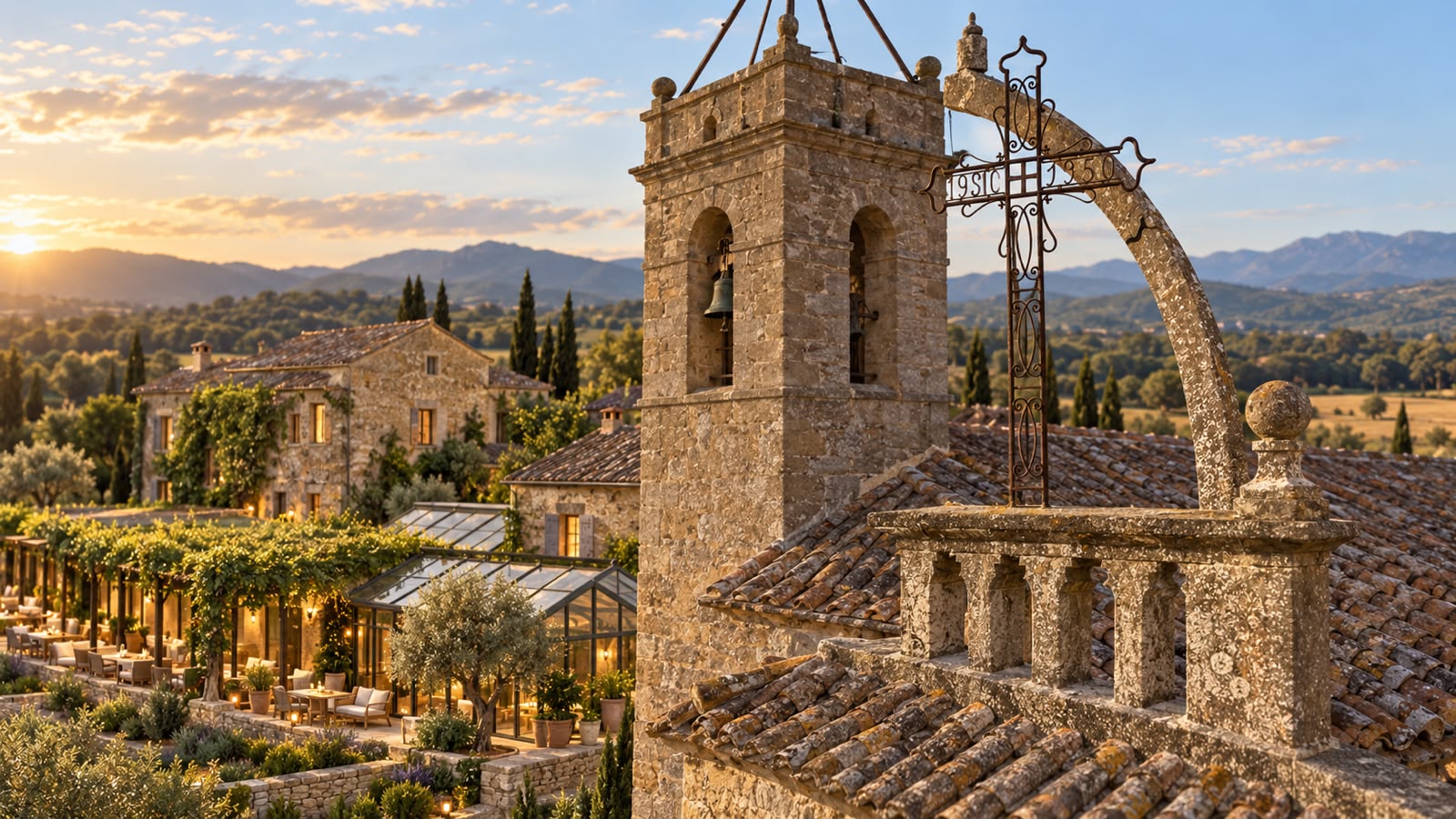 Historic AXORO estate and church at sunset
